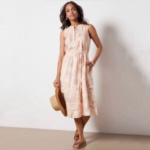 Faherty | Isha Sleeveless Linen Blend | Midi Dress | Peach Palms Print | Size XS